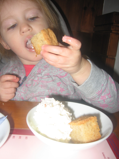 The lady working brought Maisie TWO little cakes with whipped cream. So nice!!